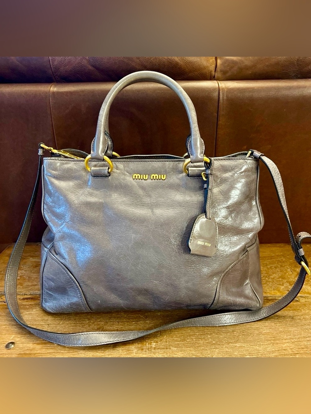Miu Miu Vitello Shiny Bag Handbag Crossbody Grey Leather
